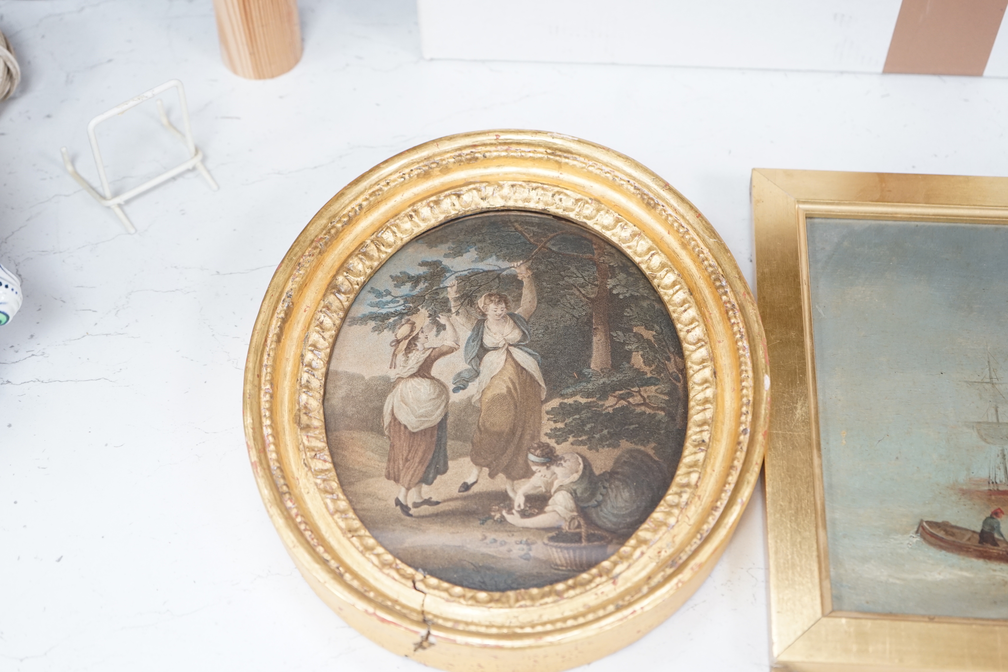 20th century School, oil on board, Fishing boat before a ship, together with a pair of 19th century oval colour stipple engravings, females and children, largest 19.5 x 14.5cm